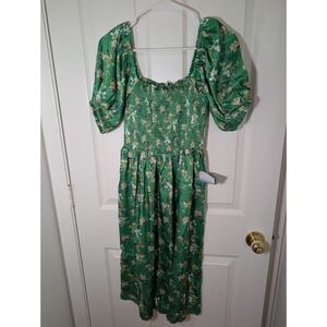 Maisic Smocked Floral Midi Dress Puff Sleeve Green‎ Cottagecore S